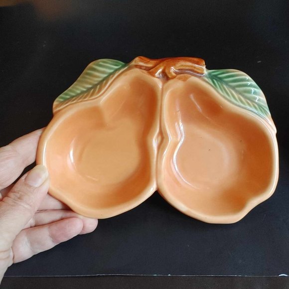 VTG Belmar Of California Pottery Pear Dish USA 320 Peach Double Bowl Set of 2 - Picture 3 of 9